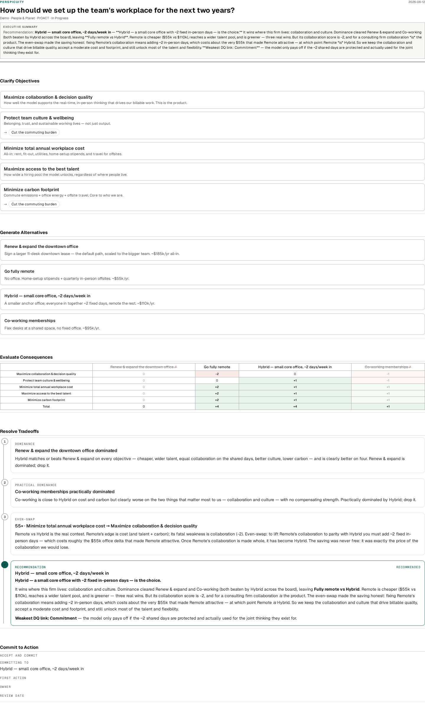 The print view of a completed decision document